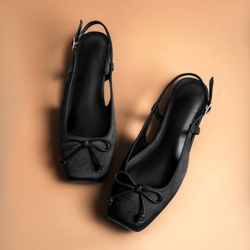 Lhamo Latso Black Flats for Women Ballerina Closed Square Toe Slip on Bowknot Flats Ballet Slingbacks Dressy Flat Shoes Satin 7.5 - Image 5