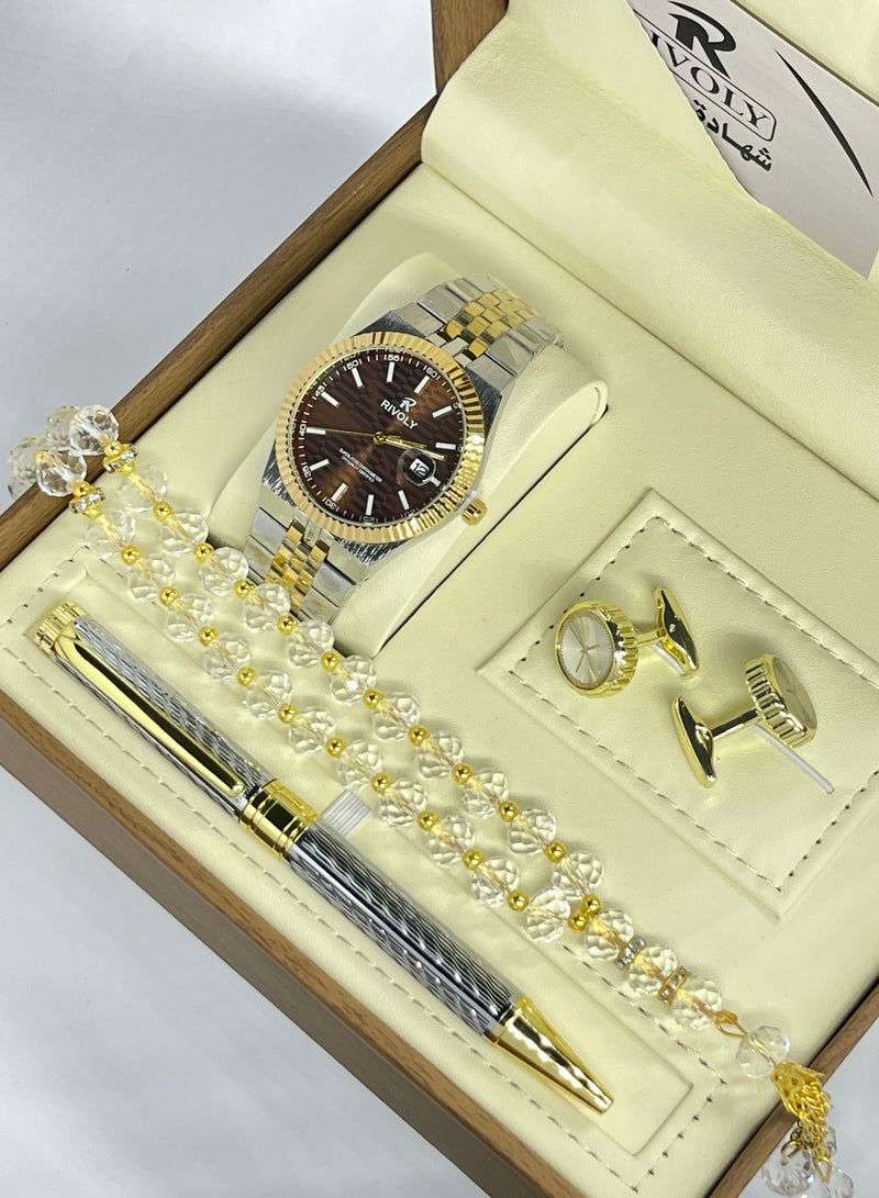RR A wonderful stainless steel men's set consisting of a watch, a rosary, a pen and cufflinks half steel