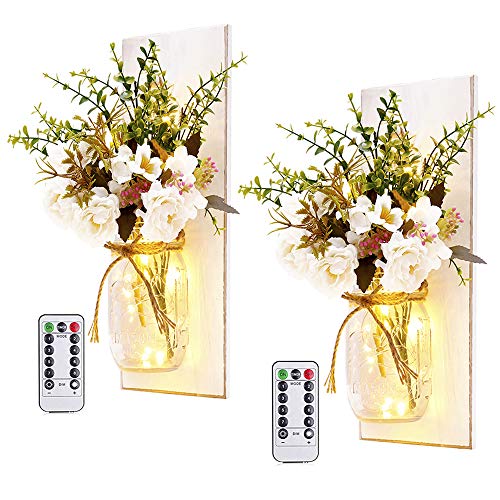 Homecor Rustic Wall Sconces Mason Jar Sconces Handmade Wall Art Hanging Design with Remote Control LED Fairy Lights and White Peony, Christmas Decor Gifts Farmhouse Home Decor Living Room Lights Set of Two - Image 1