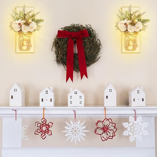 Homecor Rustic Wall Sconces Mason Jar Sconces Handmade Wall Art Hanging Design with Remote Control LED Fairy Lights and White Peony, Christmas Decor Gifts Farmhouse Home Decor Living Room Lights Set of Two - Image 2