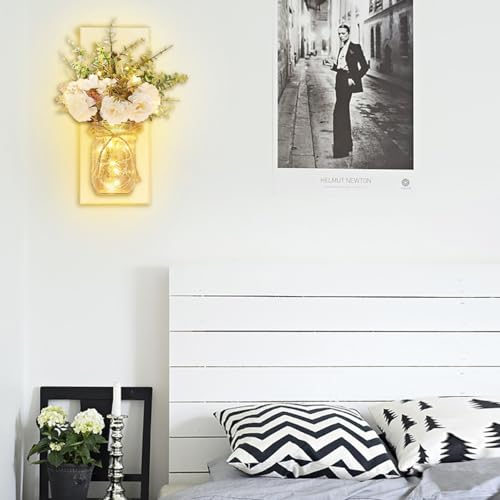 Homecor Rustic Wall Sconces Mason Jar Sconces Handmade Wall Art Hanging Design with Remote Control LED Fairy Lights and White Peony, Christmas Decor Gifts Farmhouse Home Decor Living Room Lights Set of Two - Image 5
