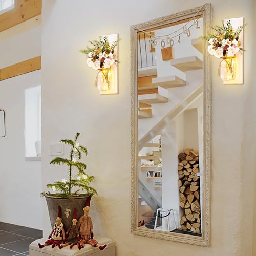 Homecor Rustic Wall Sconces Mason Jar Sconces Handmade Wall Art Hanging Design with Remote Control LED Fairy Lights and White Peony, Christmas Decor Gifts Farmhouse Home Decor Living Room Lights Set of Two - Image 3