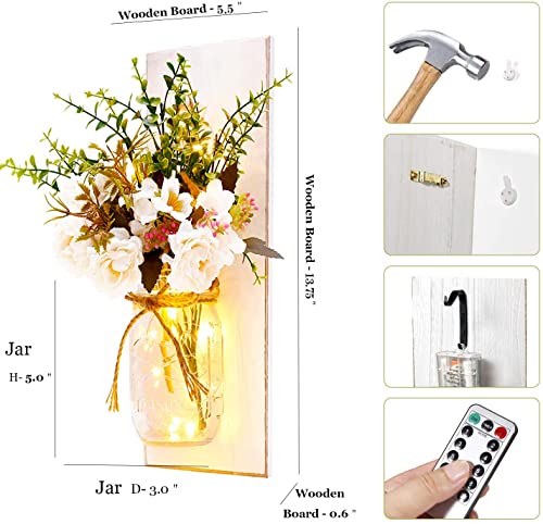 Homecor Rustic Wall Sconces Mason Jar Sconces Handmade Wall Art Hanging Design with Remote Control LED Fairy Lights and White Peony, Christmas Decor Gifts Farmhouse Home Decor Living Room Lights Set of Two - Image 4