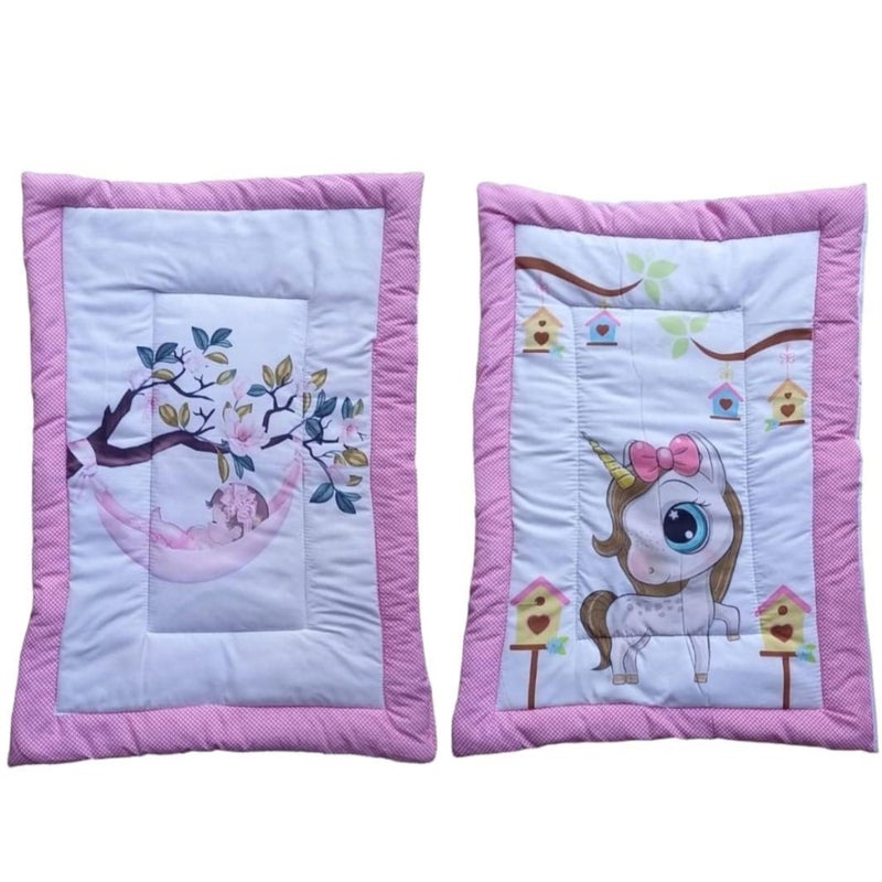 SmallBerry™ Combo Newborn Baby Pom Pom Cotton Baby Bed | Godari | Cradle Bed | Crib Sheet | Changing Mat Baby Godadi | Godari | Bedding Set | Mattress_Pack of 2 Piece_Bird & Unicorn - Image 1