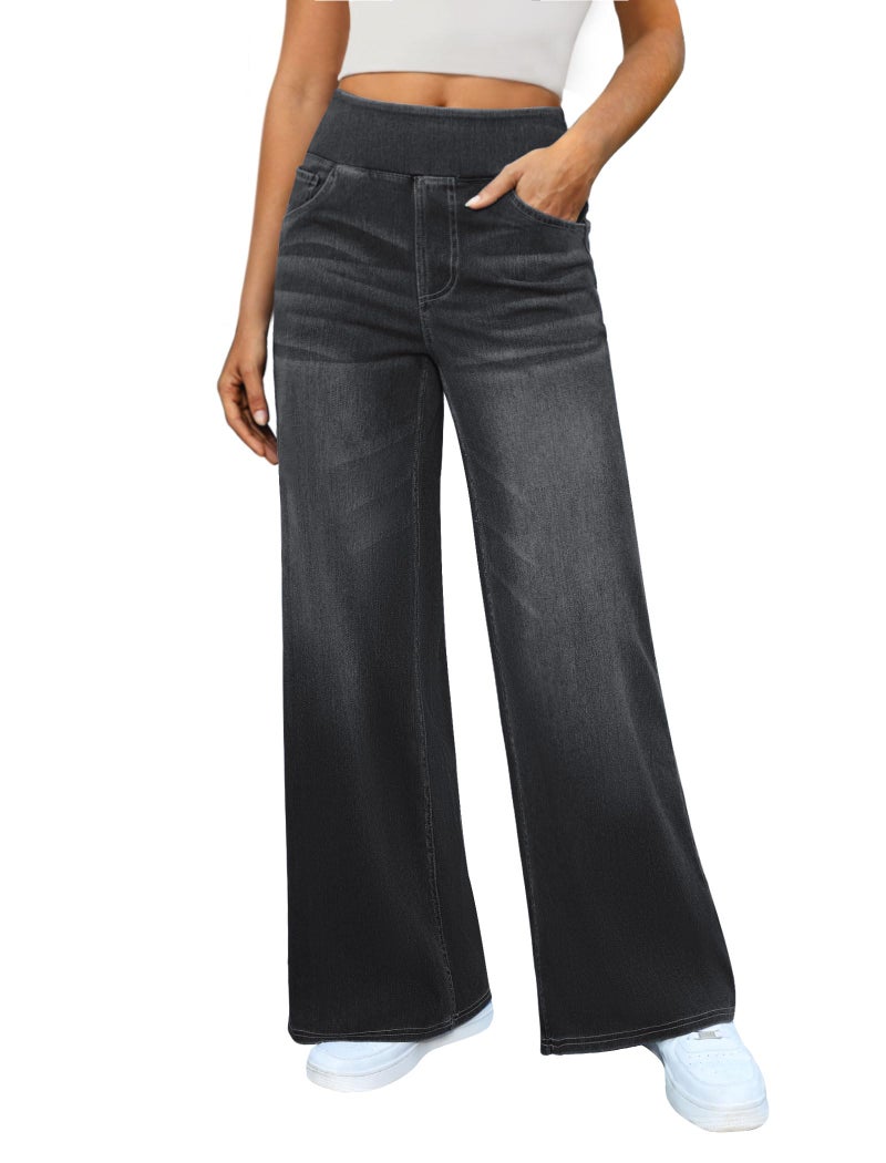 DLOODA Women's Wide Leg Jeans High Waisted Stretchy Denim Pants Elastic Waist Pull On Sweatpant Jeans Trendy Baggy Loose Dark Grey - Image 1