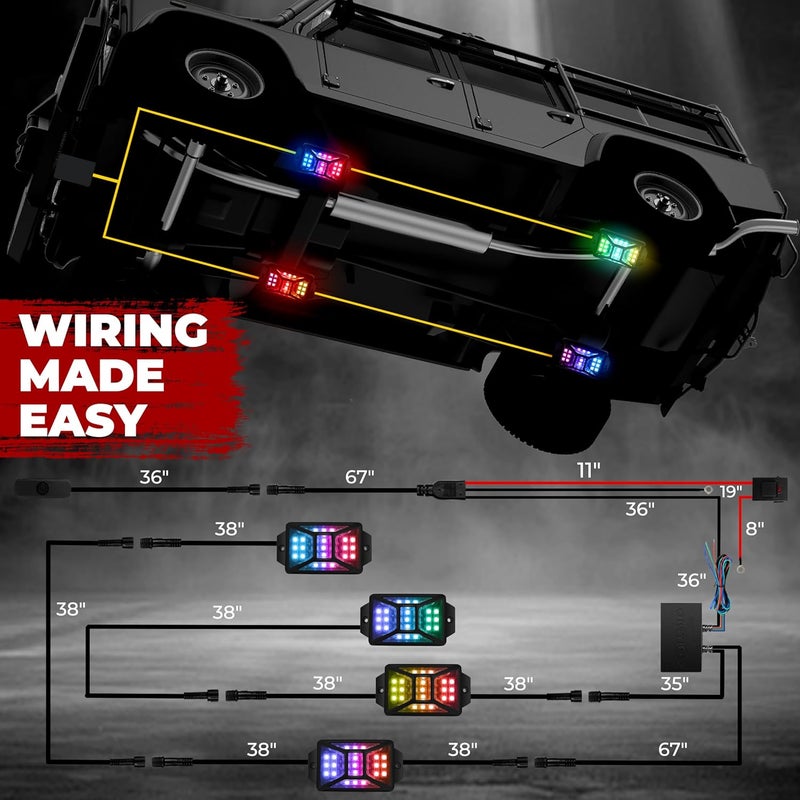 4 حزم من أضواء الصخور RGB خماسية الجوانب للشاحنات وجيب وUTV وSUV، مع تحكم متعدد الألوان المتتابعة عبر التطبيق/جهاز التحكم عن بعد، وضع الموسيقى، مجموعات إضاءة خارجية مقاومة للماء للسيارات - Image 5