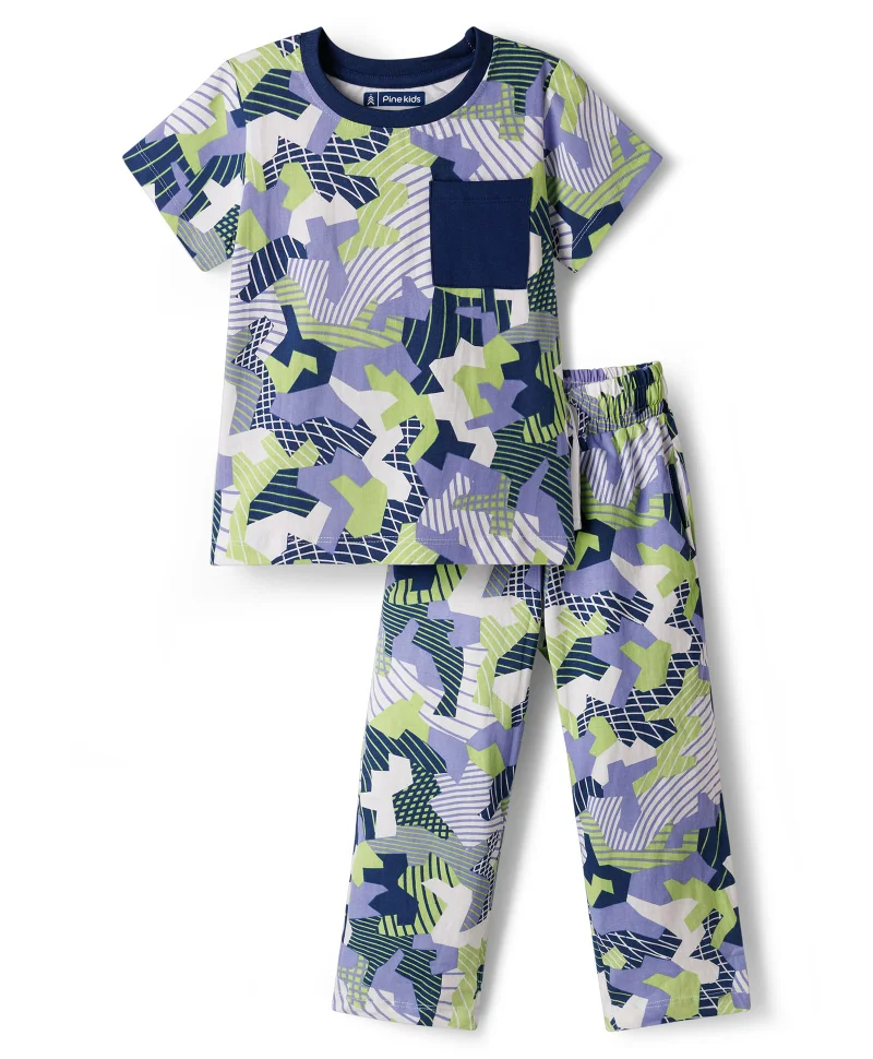 Pine Kids Pine Kids Single Jersey Knit Half Sleeves Co-ords Printed Night Suit - White & Blue