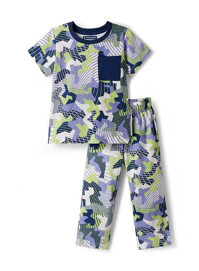 Pine Kids Pine Kids Single Jersey Knit Half Sleeves Co-ords Printed Night Suit - White & Blue