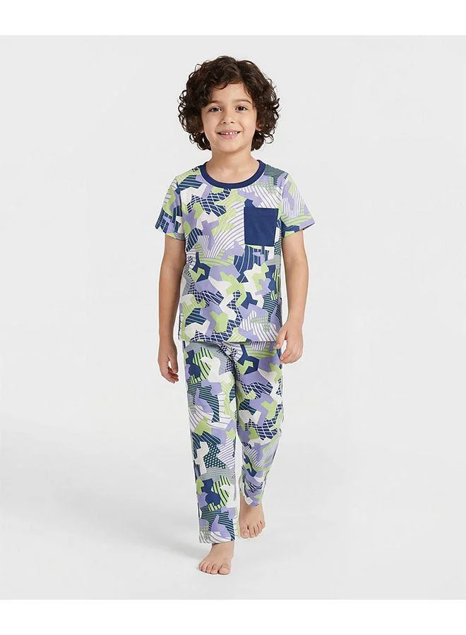 Pine Kids Pine Kids Single Jersey Knit Half Sleeves Co-ords Printed Night Suit - White & Blue