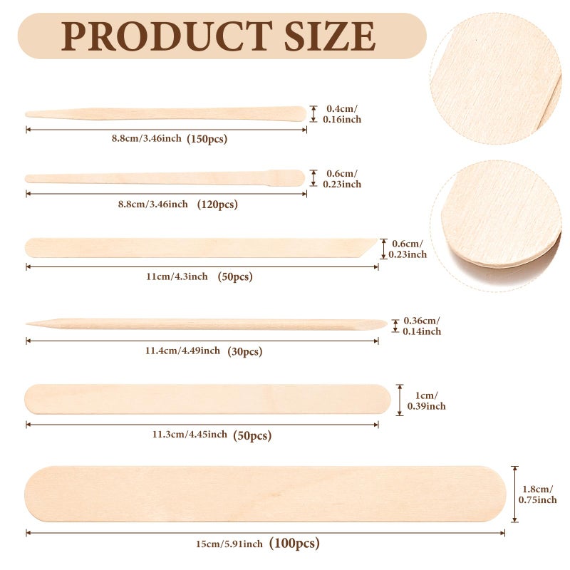 EWVVSS 6 Style 500 Pcs Wax Sticks Assorted Wax Applicator Sticks For Body Legs Face With Small Medium Large Sizes Wood Popsicle Sticks For Waxing Or Craft Sticks - Image 2