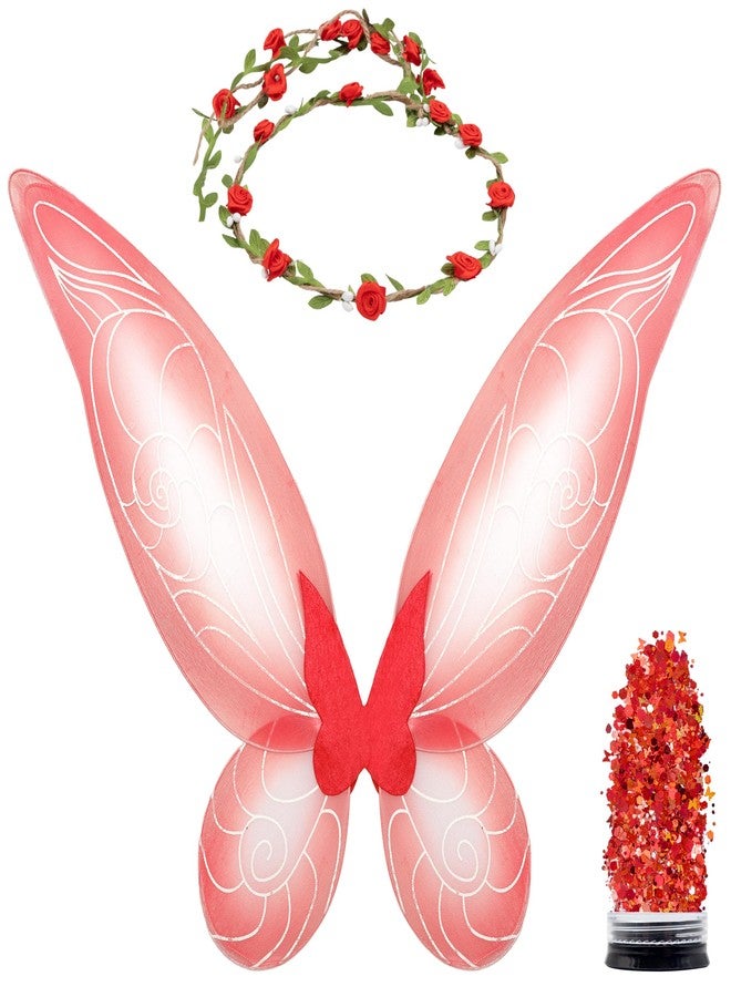 Funcredible Red Fairy Wings, Fairy Crown and Glitter - Fairy Costume Accessories - Butterfly Costume for Women and Girls - Halloween Costumes for Women - Image 1