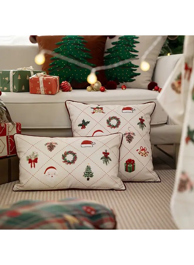 Christmas Embroidery Pillow Cover Beige 19 69x11 81 Inch Santa Hat Tree Print - Image 1