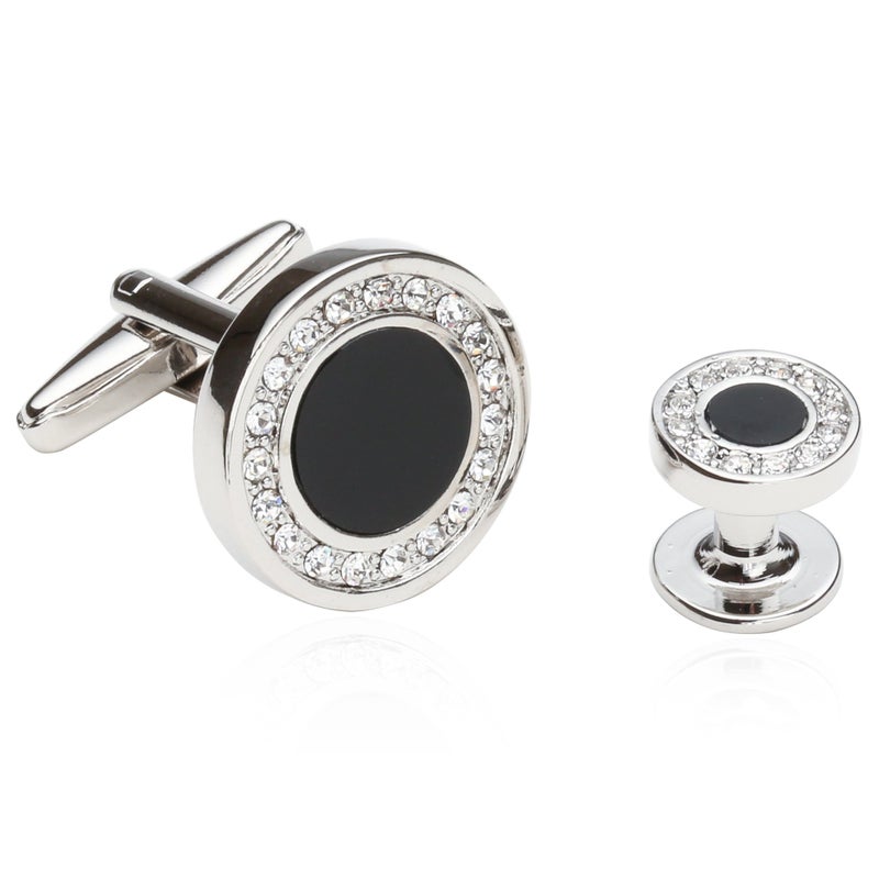 Cuff-Daddy Black Onyx and Crystal Silver Cufflinks and Studs Formal Set with Travel Presentation Gift Box - 5/8" cufflinks, 3/8" studs - Men's Wedding Party Groom Groomsmen Tuxedo Shirts Accessories - Image 2