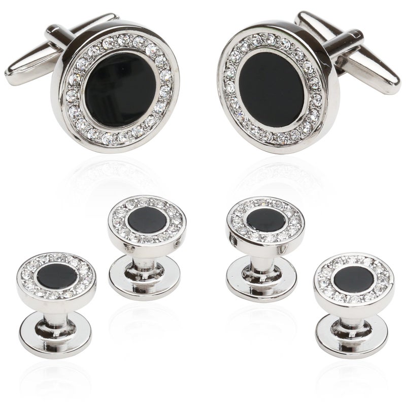 Cuff-Daddy Black Onyx and Crystal Silver Cufflinks and Studs Formal Set with Travel Presentation Gift Box - 5/8" cufflinks, 3/8" studs - Men's Wedding Party Groom Groomsmen Tuxedo Shirts Accessories - Image 1