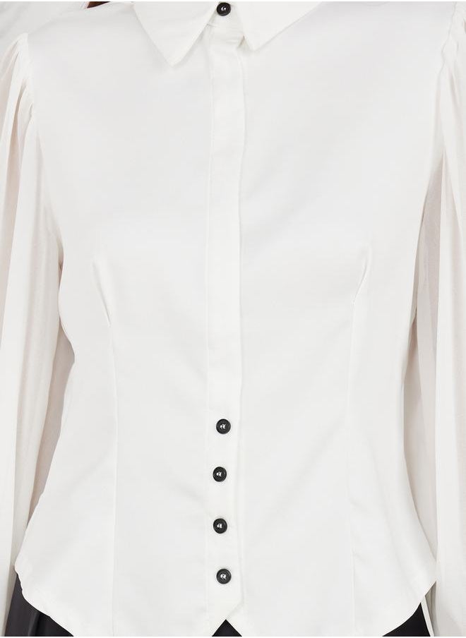 Styli - Sheer Sleeves Asymmetric Hem Button Detail Shirt - Image 1