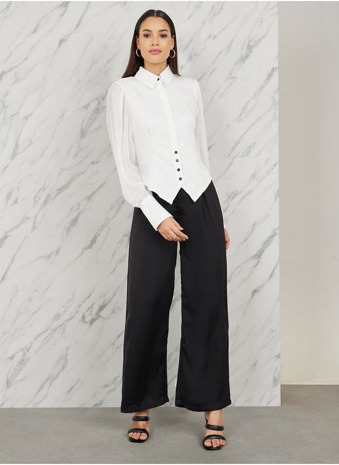 Styli - Sheer Sleeves Asymmetric Hem Button Detail Shirt - Image 1