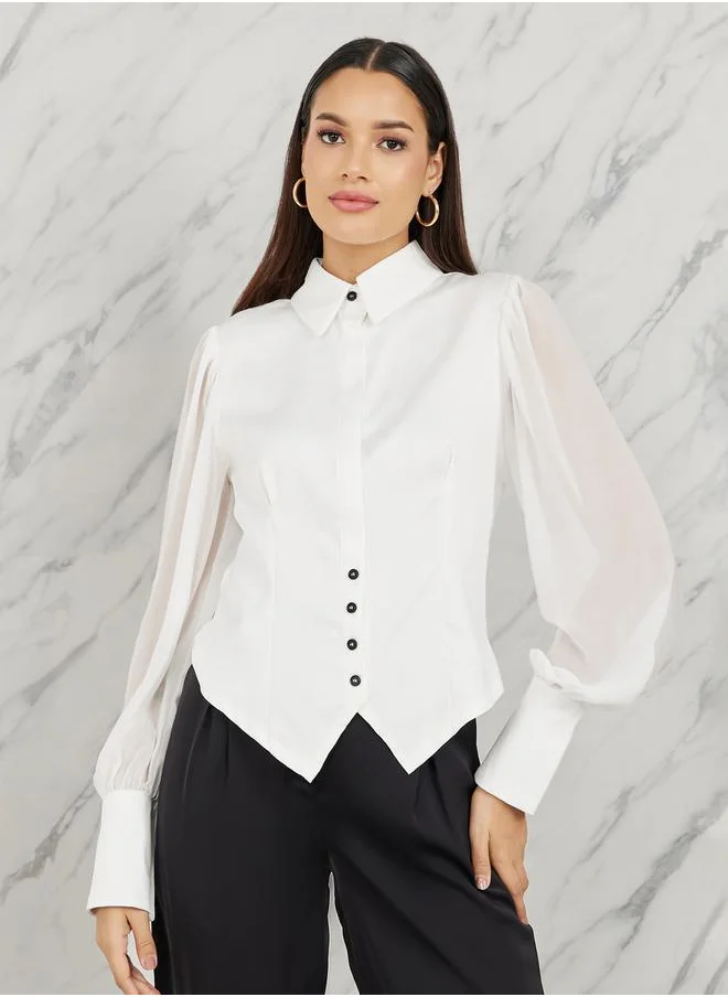 ستايلي Sheer Sleeves Asymmetric Hem Button Detail Shirt