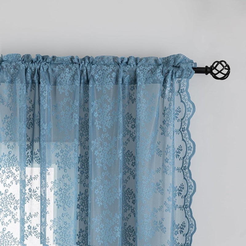 YJ YANJUN Slate Blue Lace Curtains 54 Inch Length 2 Panels For Bathroom Vintage Floral Kitchen Short Sheer Window Panels With Scalloped Edge Boho Coatal Small Window Treatments Rod Pocket W52 X L54 Denim Blue - Image 2
