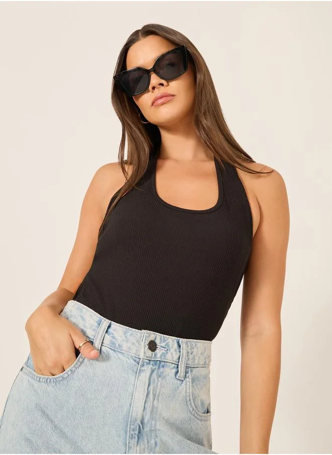 ستايلي Styli Ribbed Halter Neck Fitted Tank T-Shirt