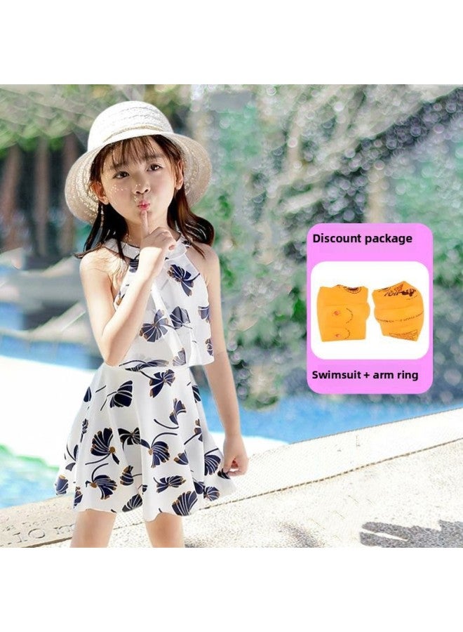 Loquat Parent-child Swimsuit Women's Conservative Belly-covering Slimming Split Girl Princess Dress Swimsuit Female Women's Hot Spring Swimsuit-Color:Children's Beige + Arm Ring- - Image 1