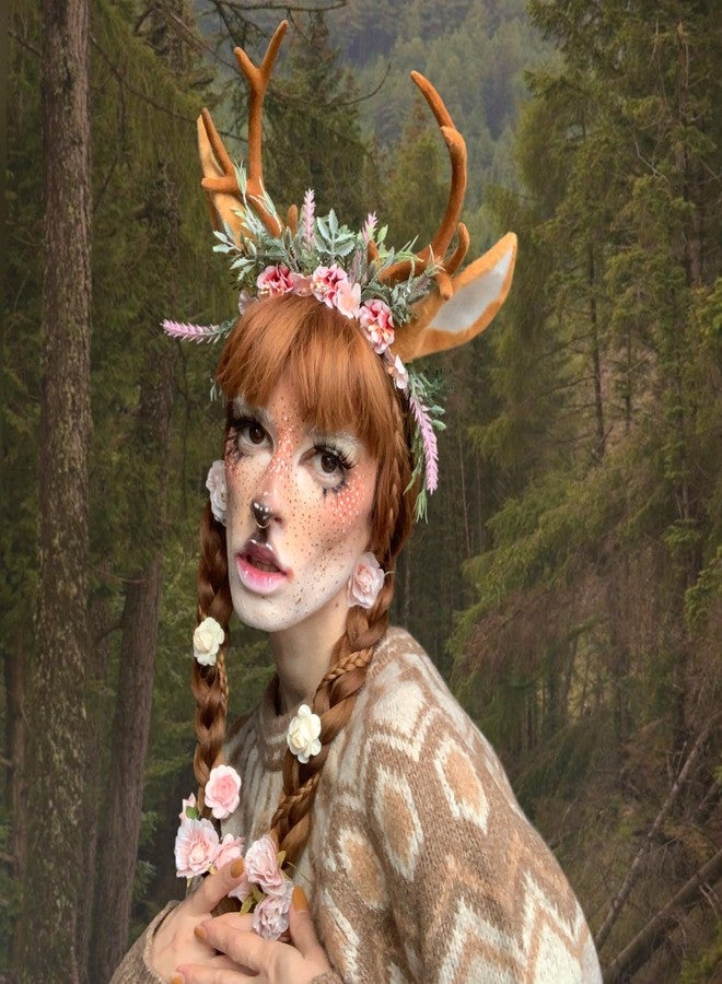 MOSTORY Handmade Antler Headband Brown - Adjustable Reindeer Horns Crown with Ears Fairy Flower Woodland Headpiece for Renaissance Christmas Cosplay Prom Fae Ball Costume Photo Prop - Image 2