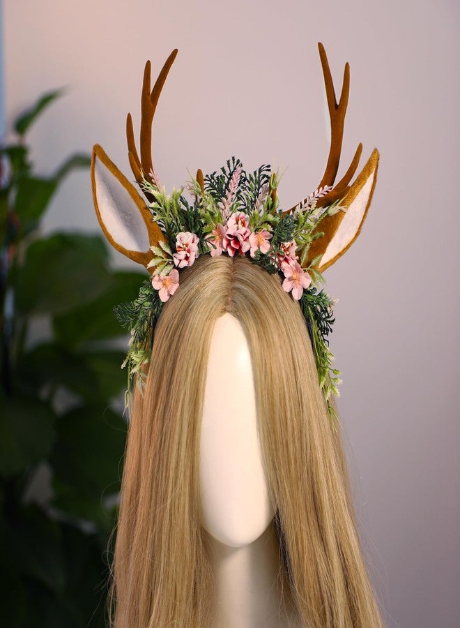 MOSTORY Handmade Antler Headband Brown - Adjustable Reindeer Horns Crown with Ears Fairy Flower Woodland Headpiece for Renaissance Christmas Cosplay Prom Fae Ball Costume Photo Prop - Image 4