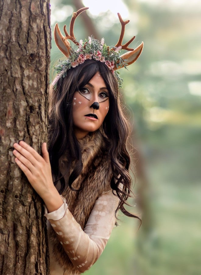 MOSTORY Handmade Antler Headband Brown - Adjustable Reindeer Horns Crown with Ears Fairy Flower Woodland Headpiece for Renaissance Christmas Cosplay Prom Fae Ball Costume Photo Prop - Image 3