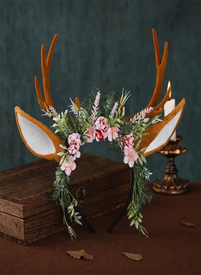 MOSTORY Handmade Antler Headband Brown - Adjustable Reindeer Horns Crown with Ears Fairy Flower Woodland Headpiece for Renaissance Christmas Cosplay Prom Fae Ball Costume Photo Prop - Image 5