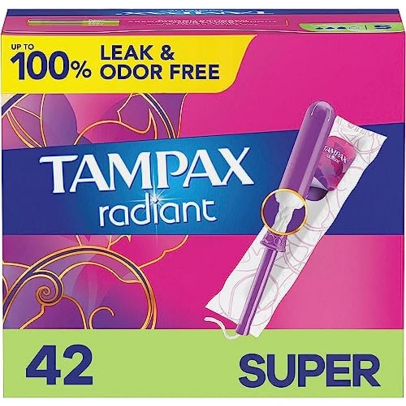 Tampax Radiant Tampons Super Absorbency with BPA-Free Plastic Applicator and LeakGuard Braid, Unscented, 42 Count - Image 1