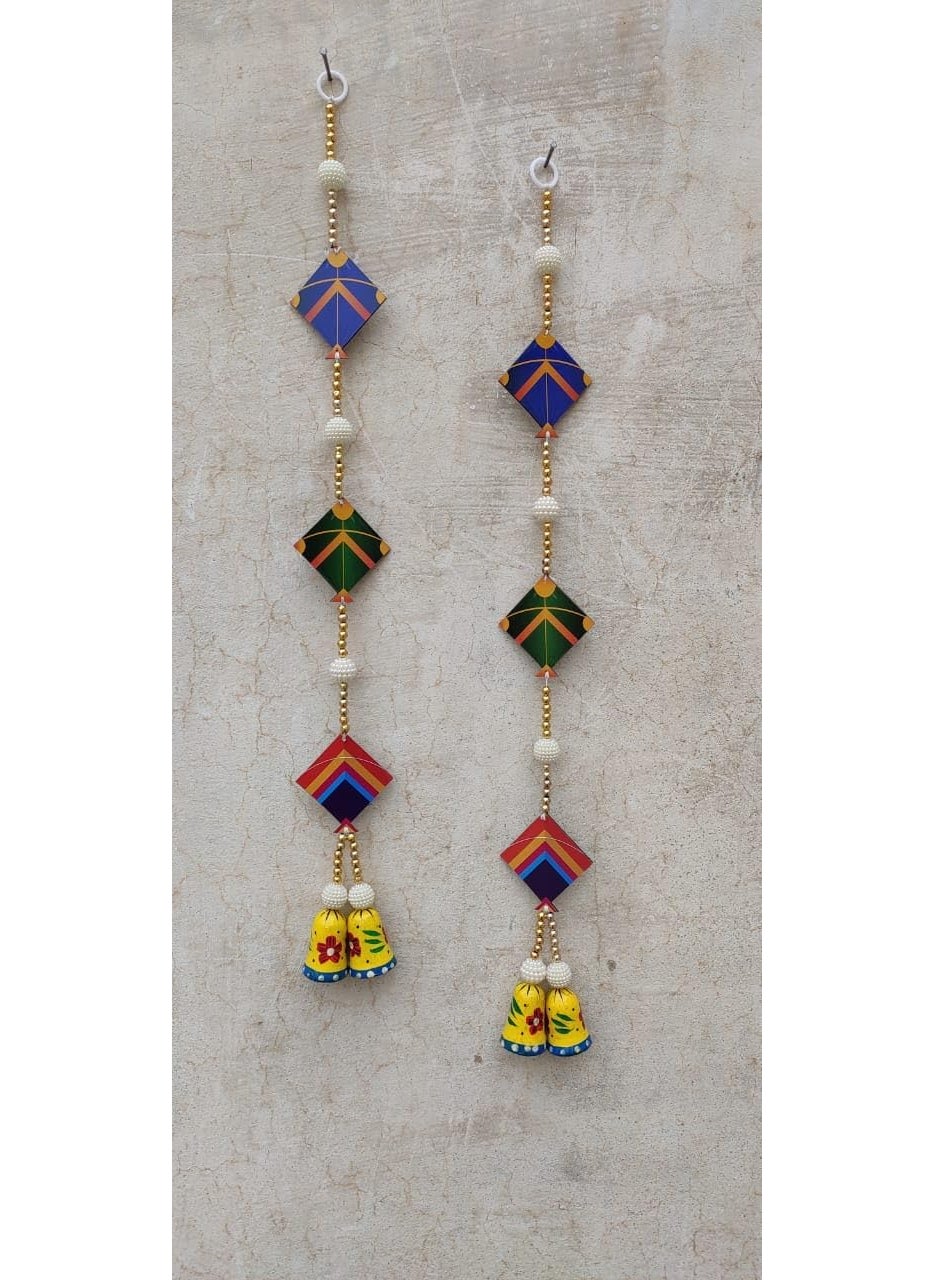 Generic Nutts Makar Sakaranti Special Kites with Wooden Bells Handmade Decorative Hanging for Festive Decoration Pack of 2  - Image 1