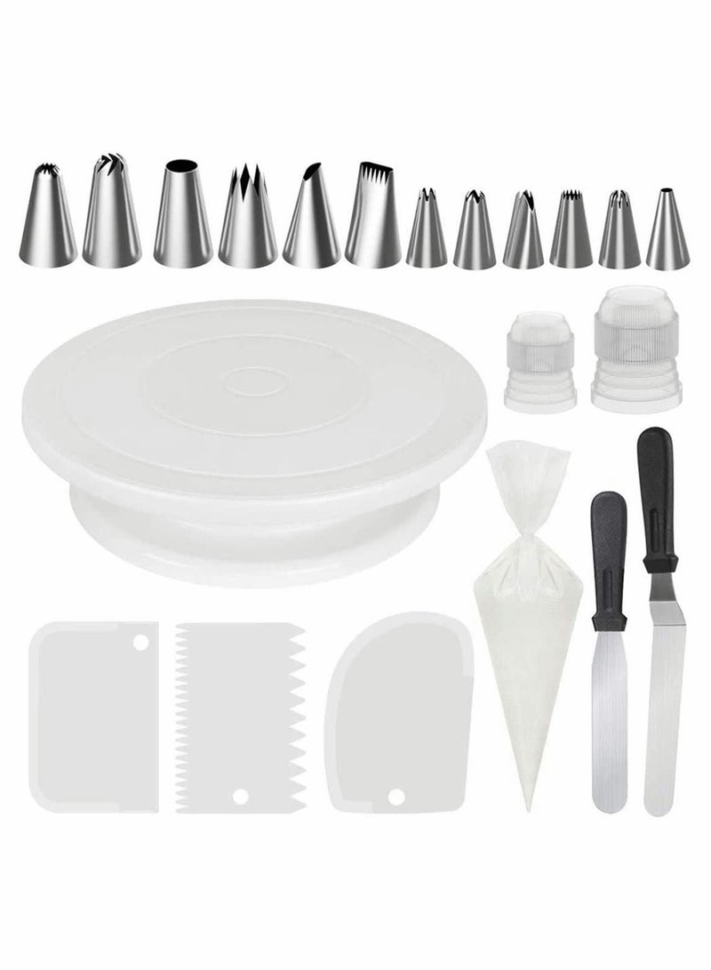 KASTWAVE Cake Decorating Tools Kit with Rotating Cake Turntable 12 Cake Decorating Tips 2 Icing Spatula 3 Icing Smoother 50 Disposable Pastry Bags and 1 Coupler Baking Set Basic White - Image 1