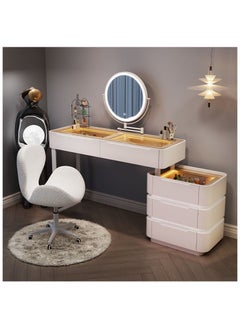 AWD Sleek Modern Dressing Table with Chair and Retractable Mirror White Vanity Table Lighted Countertop Luminous Dressing Table Vanity Desk Makeup Table with Storage Drawers for Women's Bedroom Organizer  - Image 1
