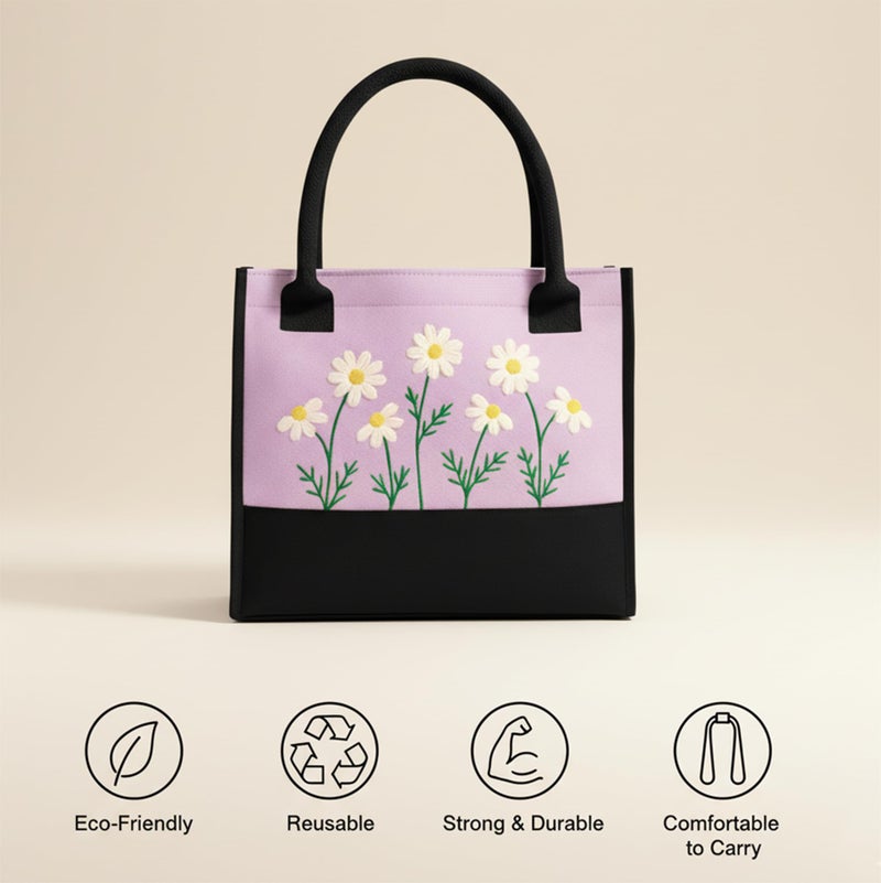 ECOCARRY Cotton Tote Bag For Woman Stylish | Embroidered Canvas Hand Bag With Floral Design | Latest Casual Shoulder Bag Zipper For College Girls, Office, Daily Use, Travel, Beach, Shopping (Purple) - Image 3
