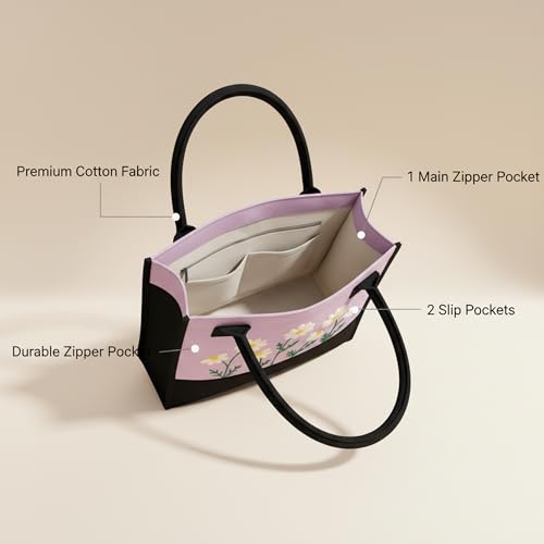 ECOCARRY Cotton Tote Bag For Woman Stylish | Embroidered Canvas Hand Bag With Floral Design | Latest Casual Shoulder Bag Zipper For College Girls, Office, Daily Use, Travel, Beach, Shopping (Purple) - Image 2