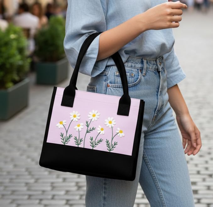 ECOCARRY Cotton Tote Bag For Woman Stylish | Embroidered Canvas Hand Bag With Floral Design | Latest Casual Shoulder Bag Zipper For College Girls, Office, Daily Use, Travel, Beach, Shopping (Purple) - Image 5