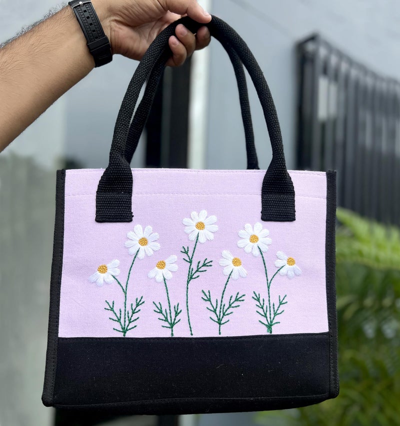 ECOCARRY Cotton Tote Bag For Woman Stylish | Embroidered Canvas Hand Bag With Floral Design | Latest Casual Shoulder Bag Zipper For College Girls, Office, Daily Use, Travel, Beach, Shopping (Purple) - Image 4