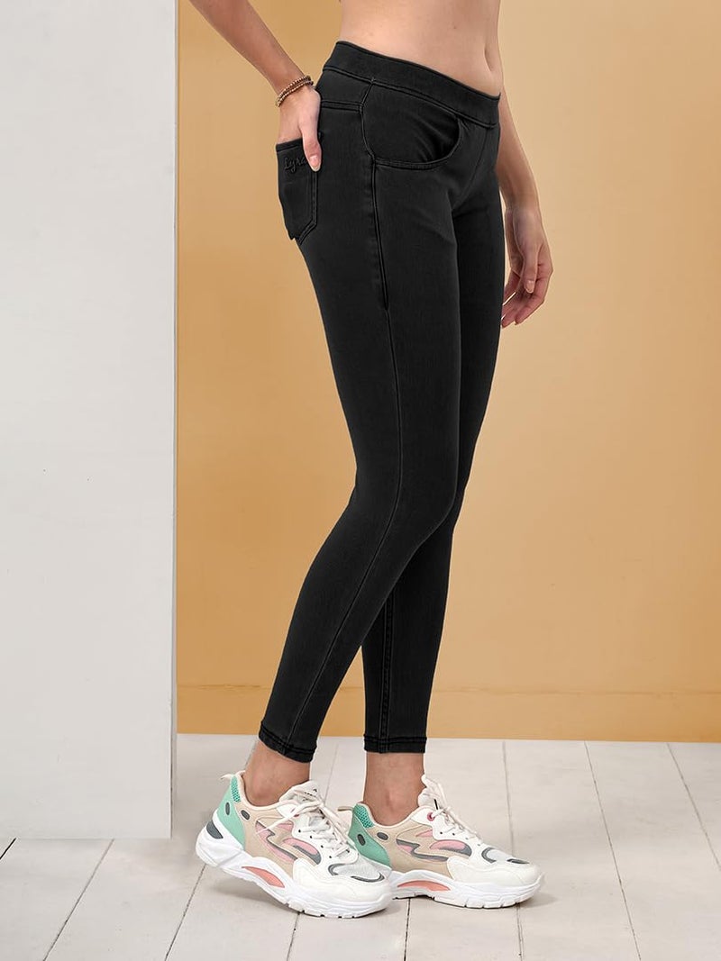 Lyra Women's Solid Mid Rise | Rich Cotton Knitted Fabric | Regular Length | Pack of 1 Black - Image 4