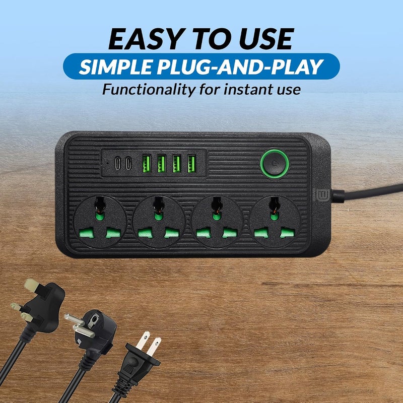 DANEEN Power Extension cord | 3M 3 Core Cable with 10A Fused UK 3 PIN Plug, 04 Power Outlets, 2 Type C and 6 USB 4.8A Fast Charging Ports, Surge & Overload Protection | Push button & LED Indicator - Image 4