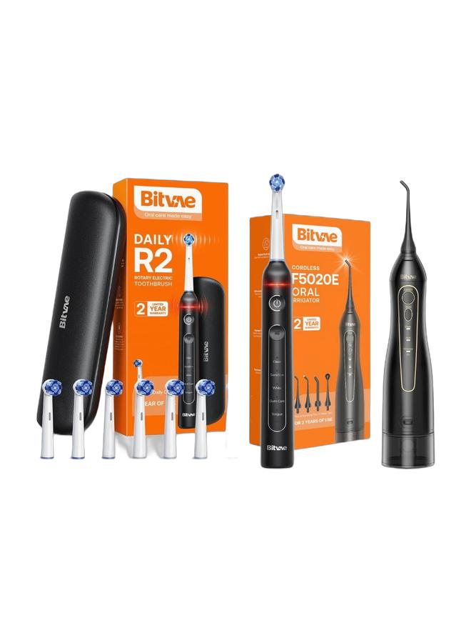 Bitvae BV R2 Rechargeable Electric Toothbrush for Adults, 5 Cleaning Modes, Soft Bristles, IPX7 Waterproof, Teeth Whitening Toothbrush & Bitvae F5020E Dental Water Flosser for Teeth Cordless 300ml Oral Irrigator with Strong Water Pressure 3 Cleaning Modes 7 Multifunctional Jet Tips IPX7 Waterproof Available in 2 Colors Bundle