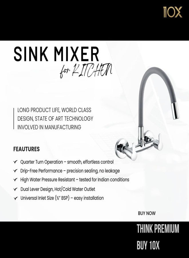 10X Kitchen Brass Sink Mixer 2 Way SMW-81098 Grey Flexible Spout | Hot & Cold Water Control | Chrome Plated | Heavy Brass Cartridge | Dual Lever Design - Image 2