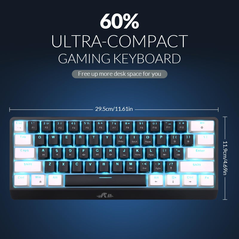 Rii RK806 60% Mechanical Gaming Keyboard,61 Keys Compact Wired Keyboard with Blue Backlight,Clicky Blue Switch,Anti-ghosting,for Windows Laptop PC Mac(Black&White) - Image 5