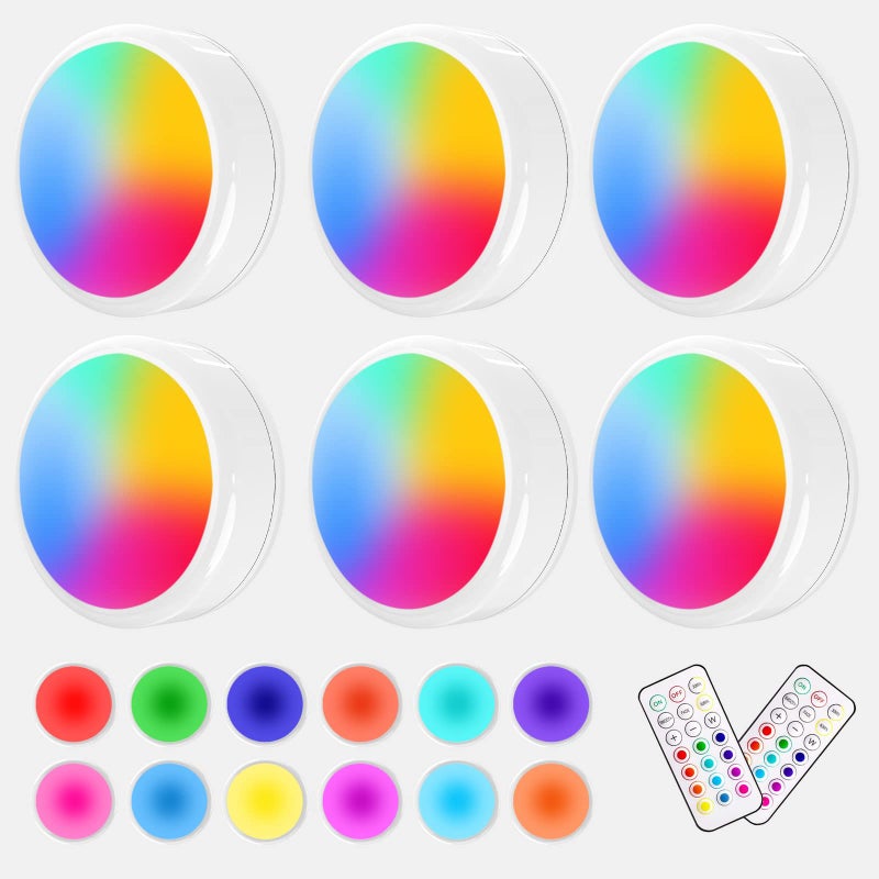 ILYXY Puck Lights with Remote 6 Pack LED Under Cabinet Lighting Dimmable Push Battery Operated Under Counter Tap for Kitchen Multicolor Transformation Stick On Shiny White