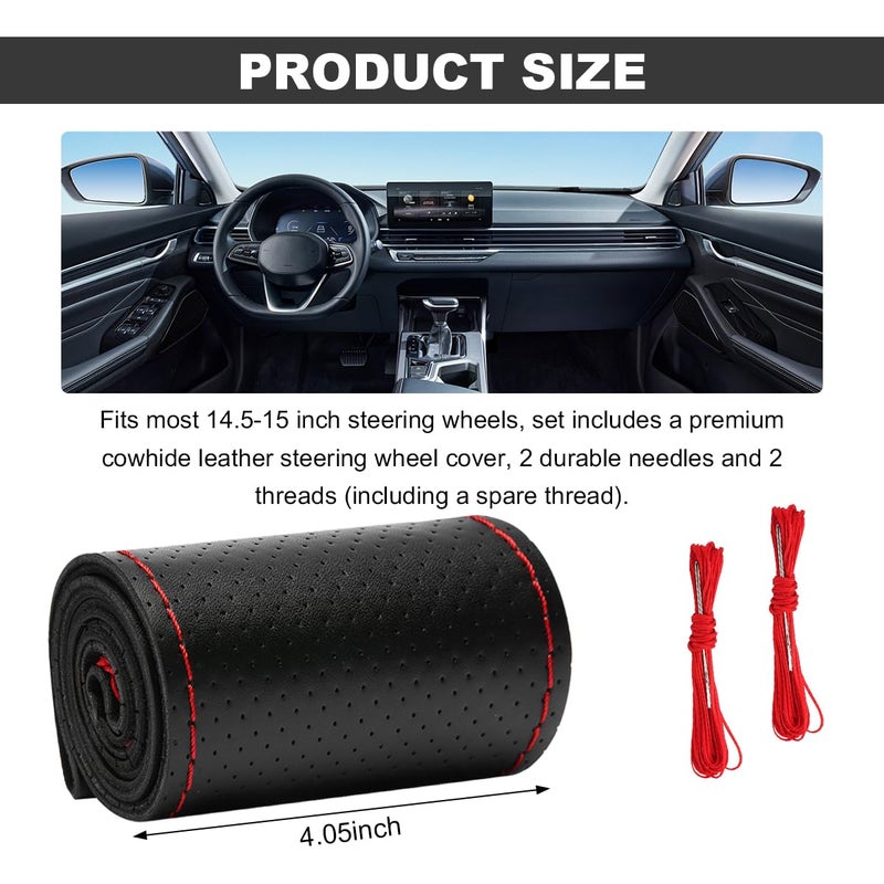 Wevdn Genuine Leather Steering Wheel Cover, Stitch on Wrap, DIY Sewing Steering Wheel Protector, 15 Inch Breathable Non-Slip Steering Wheel Protector, Car Accessories (Black&Red, Full Hole) - Image 2