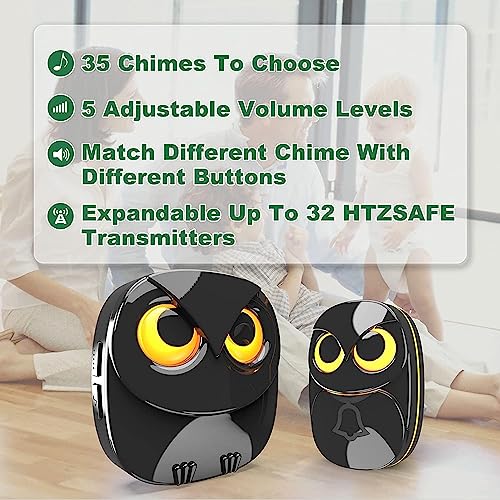 HTZSAFE Wireless Doorbell, Cute Owl Doorbell Weatherproof IP55 Outdoor Remote Push Button- 1000 Feet Long Wireless Range, 1 Receiver + 1 Transmitter, Black - Image 4