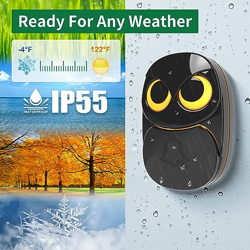 HTZSAFE Wireless Doorbell, Cute Owl Doorbell Weatherproof IP55 Outdoor Remote Push Button- 1000 Feet Long Wireless Range, 1 Receiver + 1 Transmitter, Black - Image 3