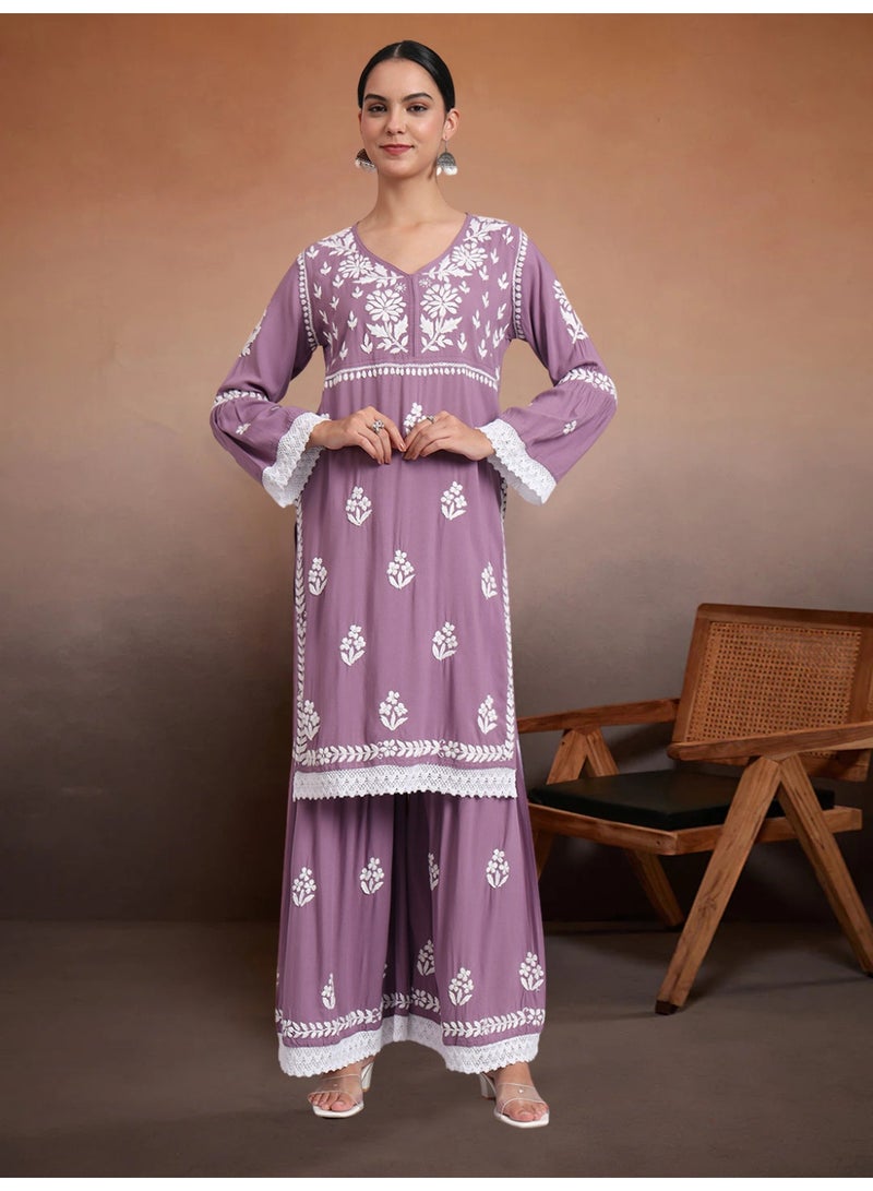 الايا طقم كورتا نسائي مطرز يدويًا من رايون لوكنو تشيكانكاري - Image 1