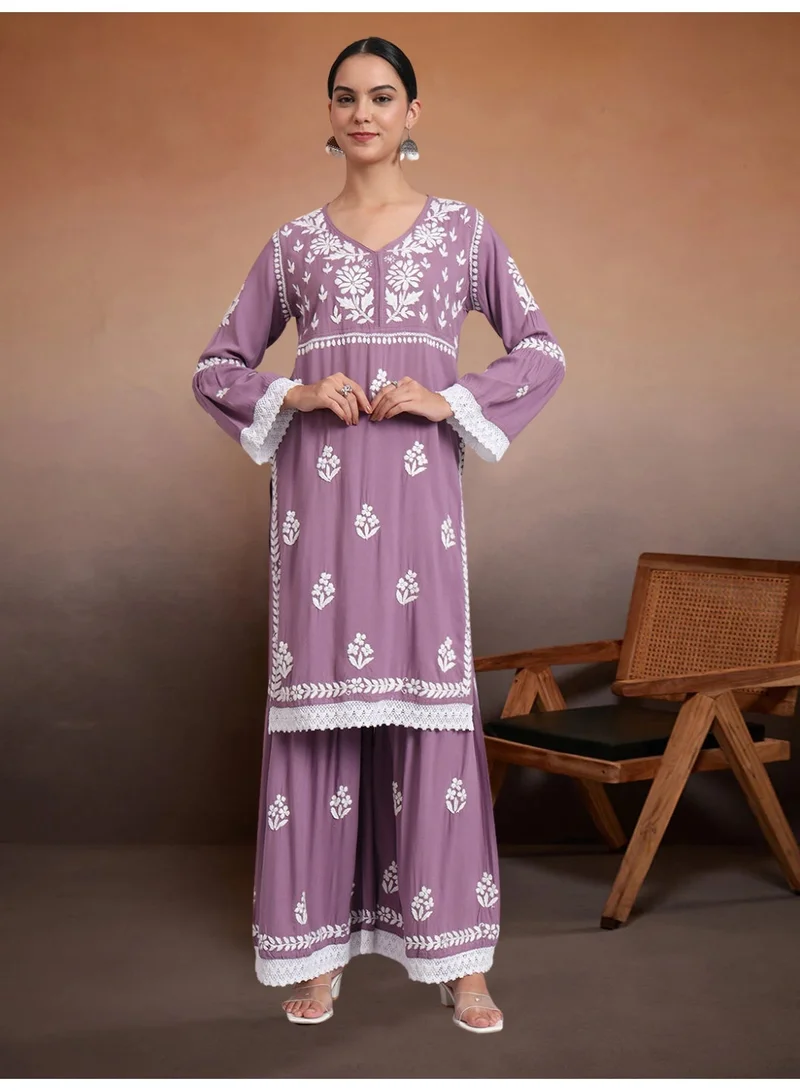 Women Hand Embroidered Lucknowi Chikankari Rayon Kurta Set-AL4077KS