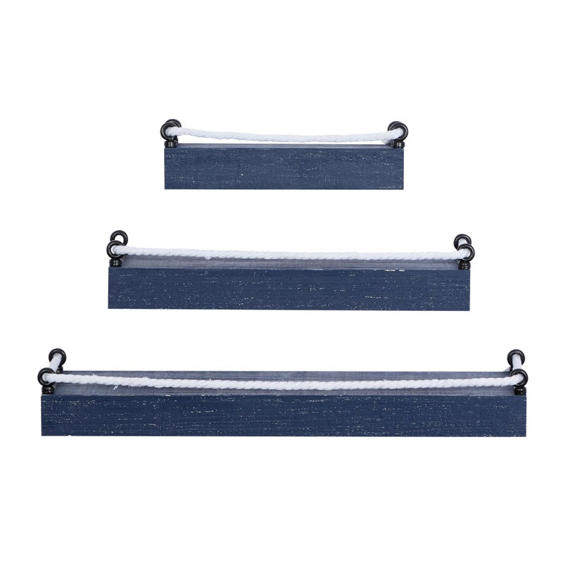 Deco 79 Wood 3 Shelves Wall Shelf with Knotted Rope Set of 3 32 25 17W Blue