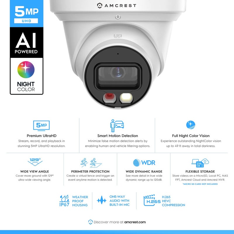 Amcrest 5MP AI Turret IP PoE Camera w/ 49ft Nightvision, Security IP Camera Outdoor, Built-in Microphone, Human & Vehicle Detection, Active Deterrent, 129Â° FOV, 5MP@20fps IP5M-T1277EW-AI - Image 2