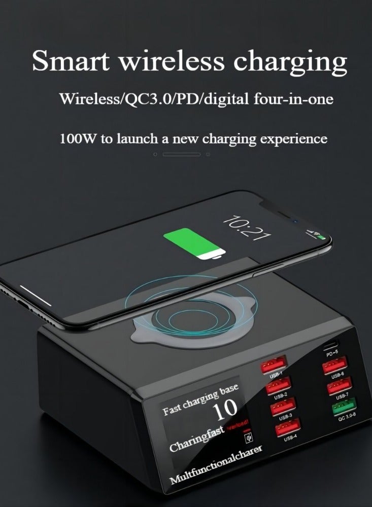 Intelligent digital display wireless charger, multi-function 100W high-power PD20W fast charging USB, QC3.0 multi-port charging mobile phone wireless charger